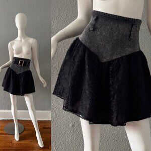 Vintage 80s Black Denim Jean High Waist Lace Mini Skirt S